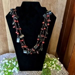 3 Layer Wooden Bead and stone Necklace!  Would look awesome with any solid top!